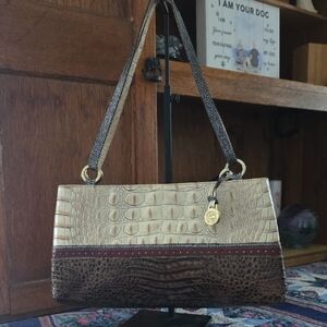 Brahmin Cream and Brown Croc-Embossed Bag